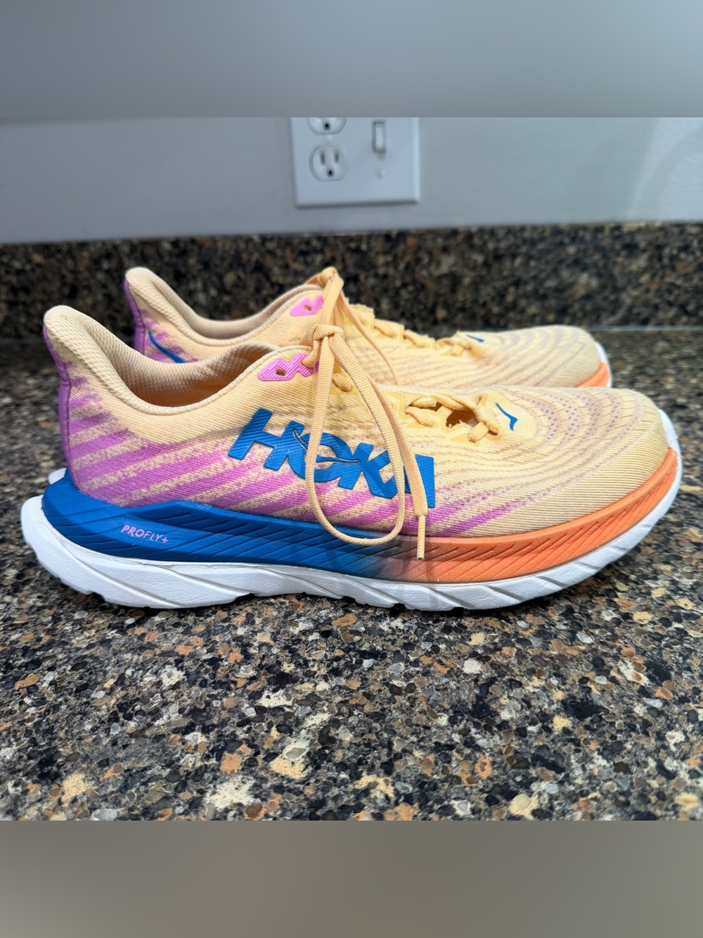 HOKA Running Shoes in Peach with Blue & Pink Accents size 8